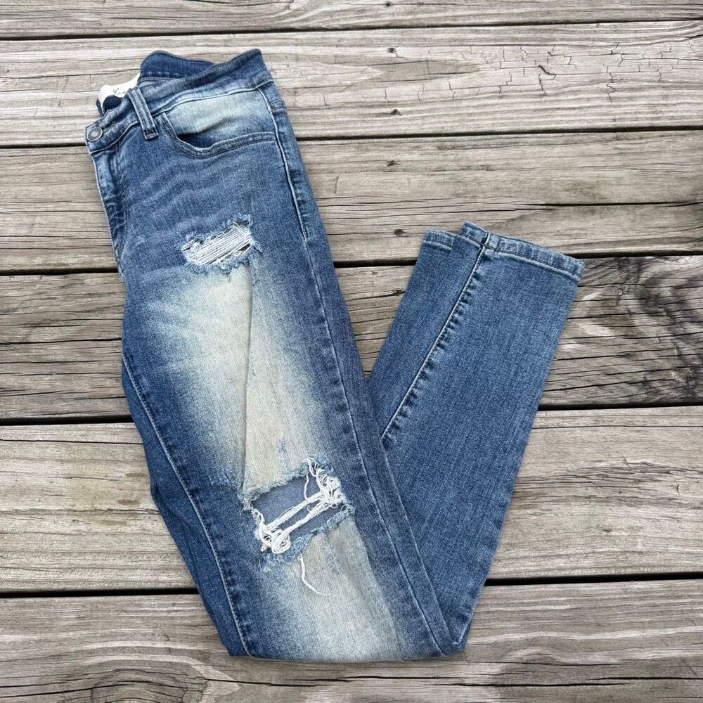 Kancan Distressed Medium Wash Low Rise Skinny Jeans Ripped Grunge Denim